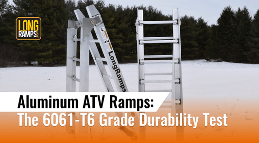 A technical look at LongRamps aluminum ATV ramps in the snow, illustrating the answer to is 6061-T6 aluminum better than standard alloys by showcasing the structural weld points and aviation-grade T6 temper.