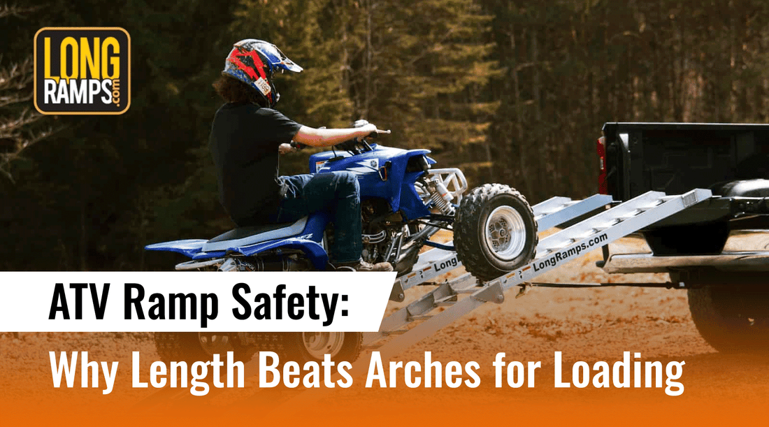 A rider demonstrating how to load a quad safely at home using a LongRamps atv ramp, highlighting the secure tailgate installation and the shallow 15-degree loading angle that prevents rear-flips compared to shorter arched ramps.