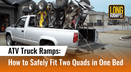 A silver truck illustrating how can I fit two ATVs in a standard truck bed by using LongRamps ATV truck ramps, demonstrating a staggered load with two machines and 15-inch wide runners optimized for width clearance.