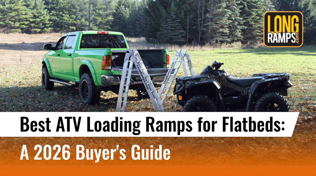 A green truck with a Can-Am ATV positioned near LongRamps atv loading ramps for flatbeds. This image for the 2026 Buyer's Guide demonstrates the solution for those asking where to buy durable professional aluminum flatbed ramps online.