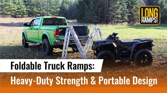 A green truck and quad illustrating the answer to are there foldable ramps suitable for heavy ATVs by using LongRamps foldable truck ramps with CNC welded hinges for maximum joint integrity.