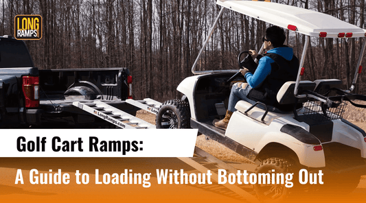 A silver truck with a golf cart positioned on LongRamps golf cart ramps, illustrating what are the best ramps for loading golf carts into trucks by demonstrating the necessary length to avoid bottoming out.