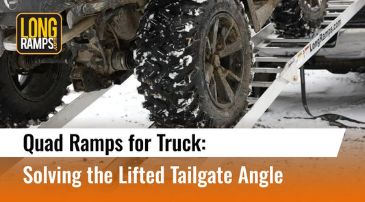 A close-up of a mud-tire quad being loaded on a LongRamps quad ramp for truck use, illustrating the guide on what length ramp do I need for a 4 inch lifted truck by demonstrating the 11-foot length required for a safe incline.