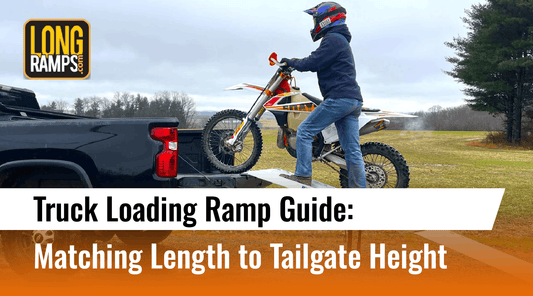 A rider illustrates how to choose the right ramp for my truck by using a LongRamps truck loading ramp for a dirt bike, demonstrating the guide's principle of matching ramp length to tailgate height to achieve a safe 15-degree loading angle.